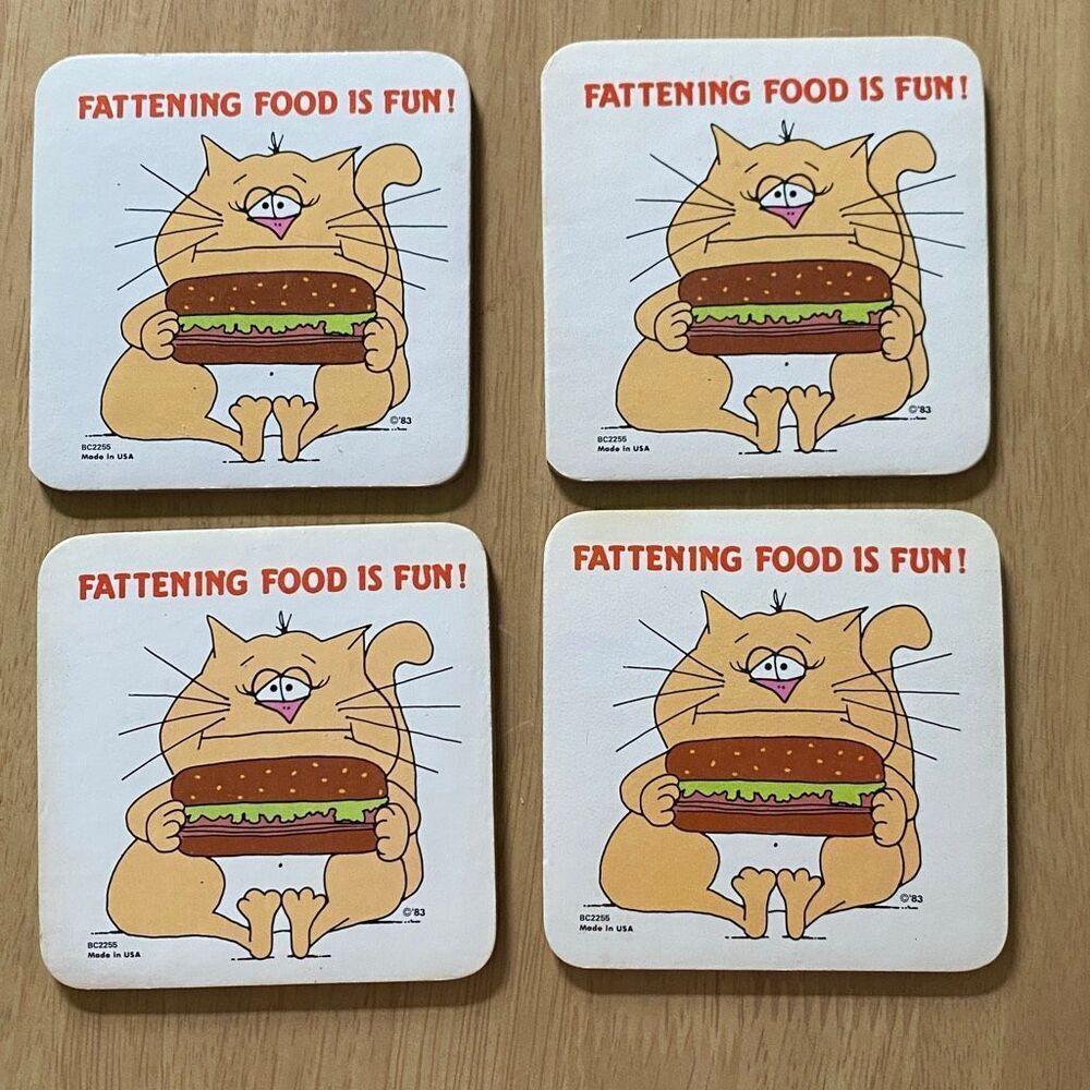 FATTENING FOOD IS FUN! Four Vintage Coasters Cartoon Cat